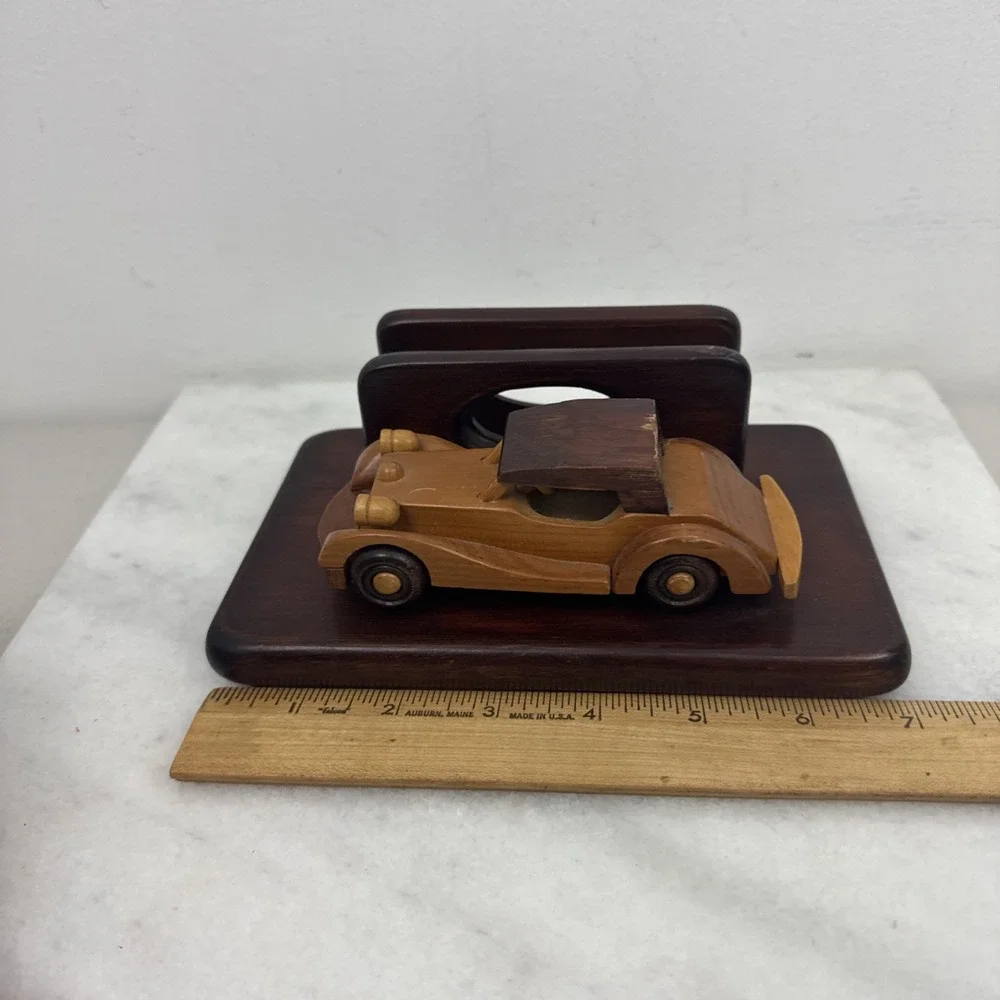 VTG Mens Valet Wood Desk Organizer Letter Holder w/Attached Wooden Antique Car